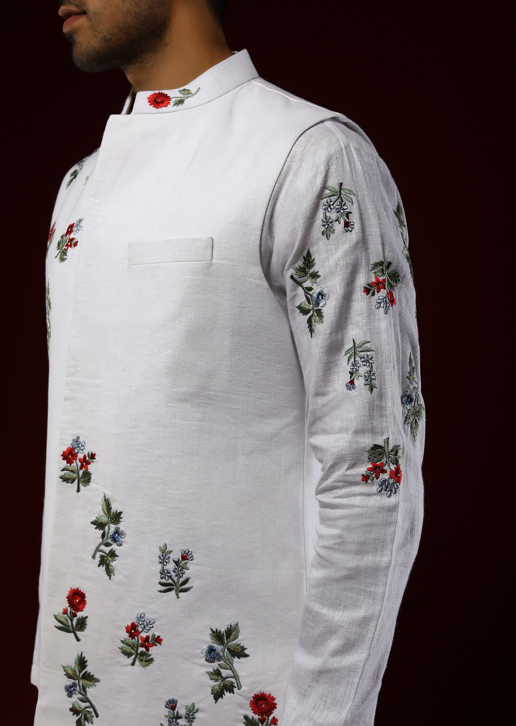 Buy White Nehru Jacket Set In Linen With Multi Colored Resham Embroidered Floral Motifs
