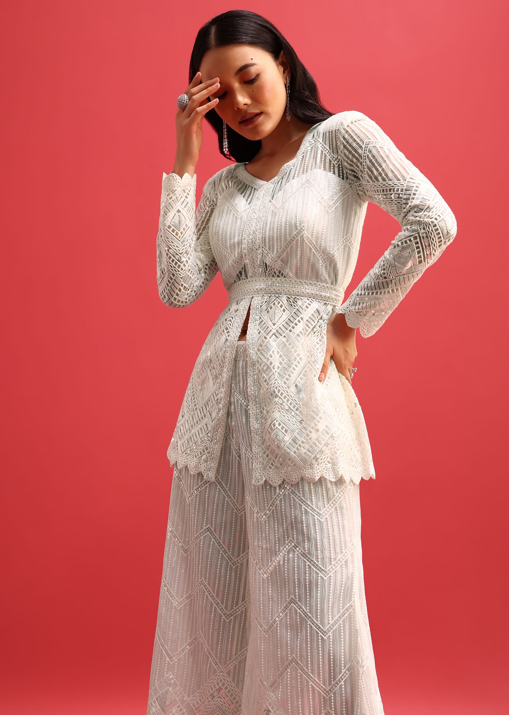 Buy White Net Kurta Palazzo Set In Sequin Work