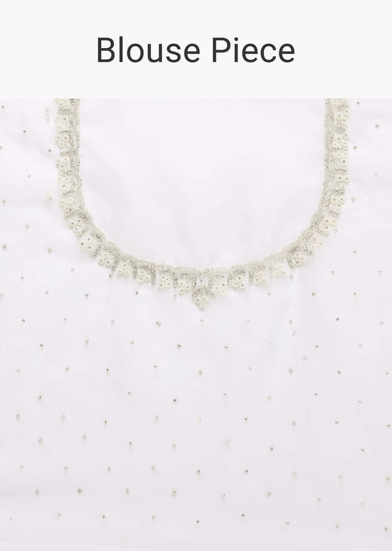 White Organza Saree With Scallop Cutdana Border And Unstitched Blouse Piece