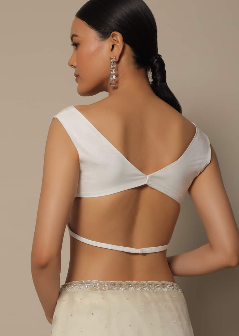 White Organza Saree With Scallop Cutdana Border And Unstitched Blouse Piece