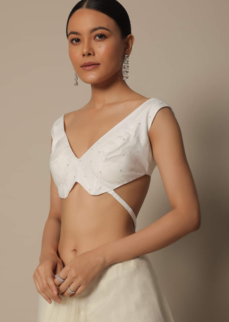 White Organza Saree With Scallop Cutdana Border And Unstitched Blouse Piece