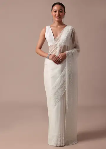 White Embroidered Organza Saree With Unstitched Blouse
