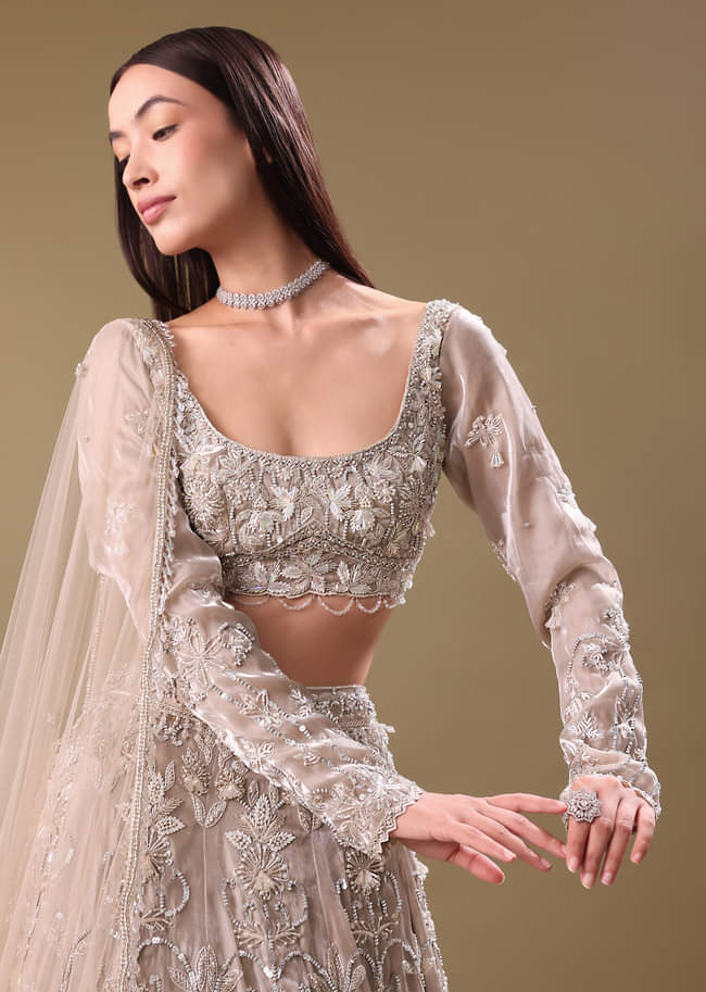White Oyester Hand Embroidered Lehenga And Blouse Set