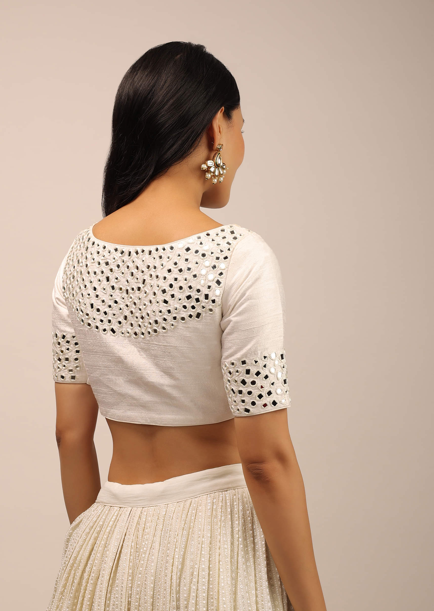 Buy White Padded Blouse With Mirror Work And Half Sleeves