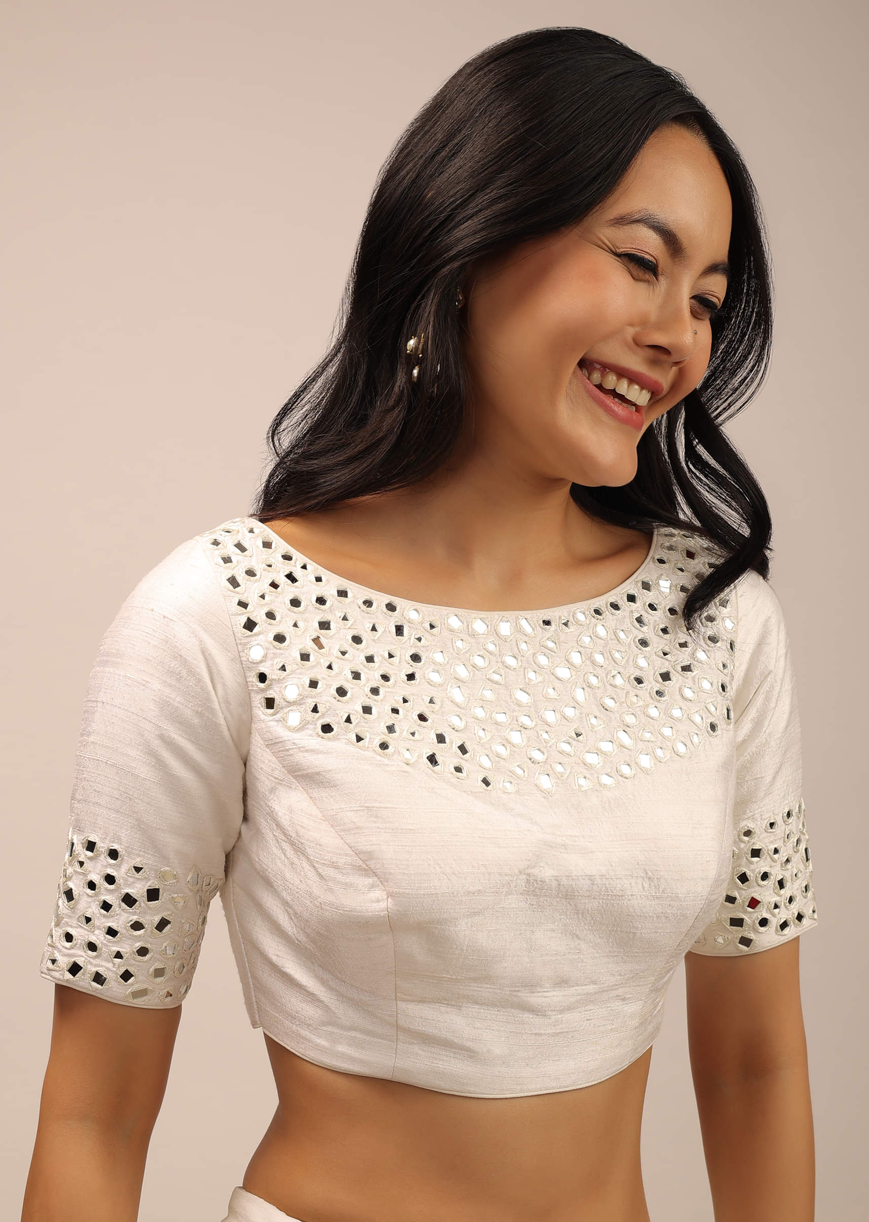 Buy White Padded Blouse With Mirror Work And Half Sleeves