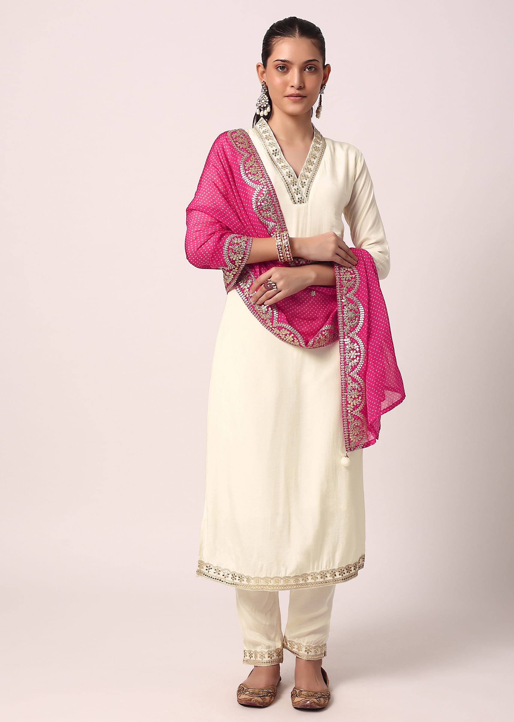Buy White Kurta Pant Set With Zari Embroidery And Contrast Pink Bandhani Dupatta KALKI Fashion India