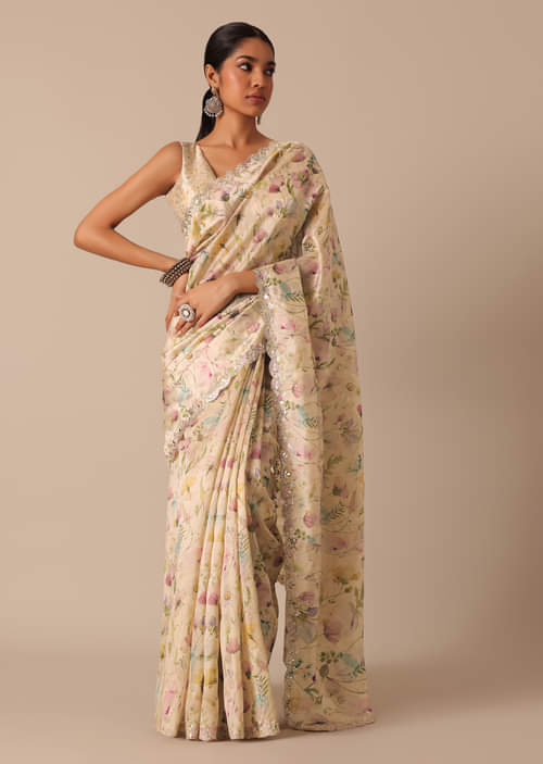 White Saree With Cutwork Scallop Border In Tussar And Unstitched Blouse Piece