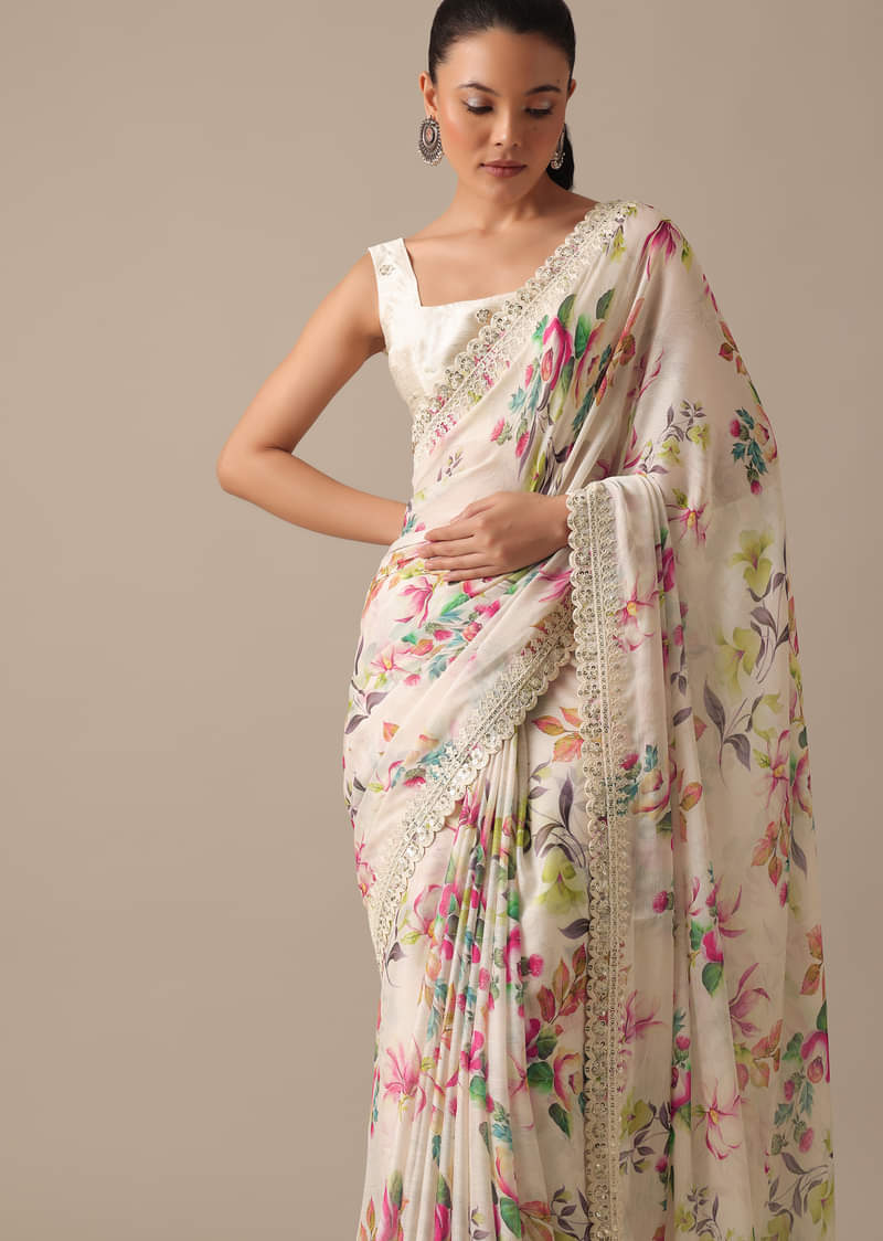 White Saree With Floral Prints And Unstitched Blouse Piece