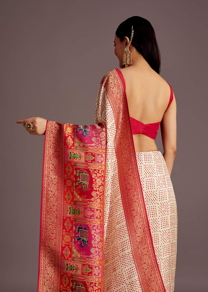 White And Red Silk Saree with Elephant Jamdani Print