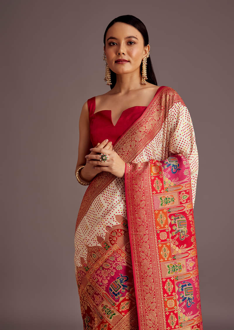 White And Red Silk Saree with Elephant Jamdani Print