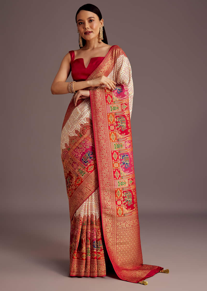 White And Red Silk Saree with Elephant Jamdani Print