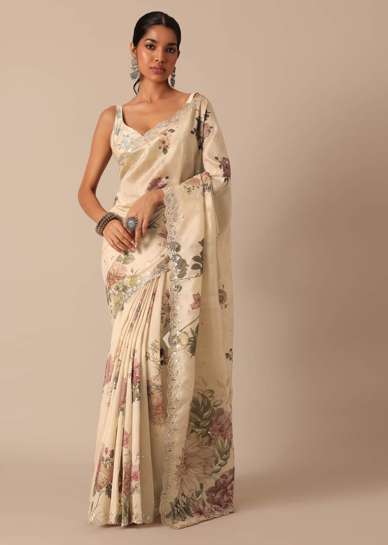 Cream Tussar Saree With Scallop Border And Unstitched Blouse Piece