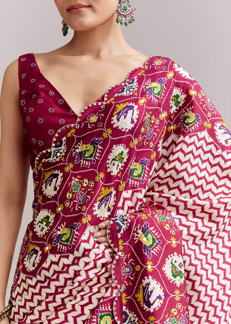 Wine And Off White Satin Saree With Ikat-Style Floral Birds Border