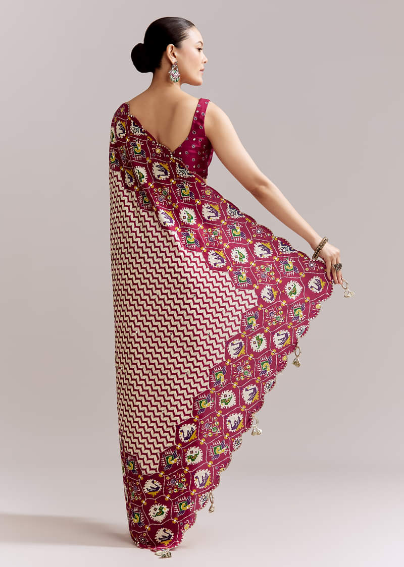 Wine And Off White Satin Saree With Ikat-Style Floral Birds Border
