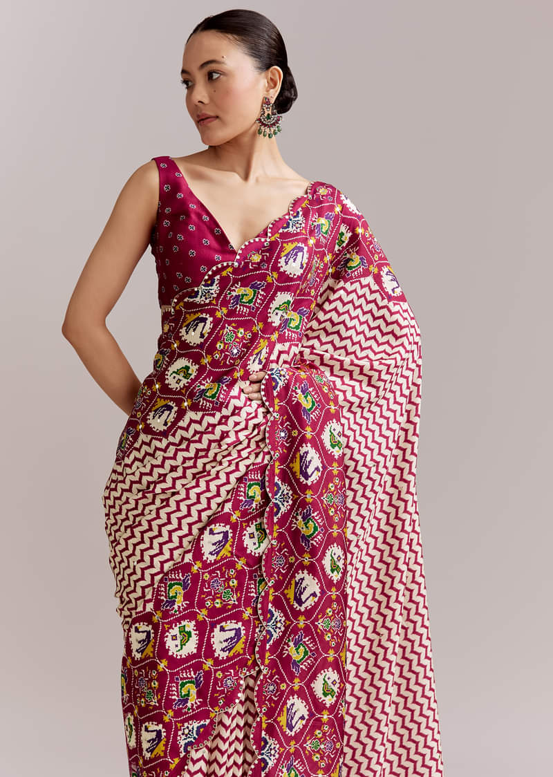 Wine And Off White Satin Saree With Ikat-Style Floral Birds Border