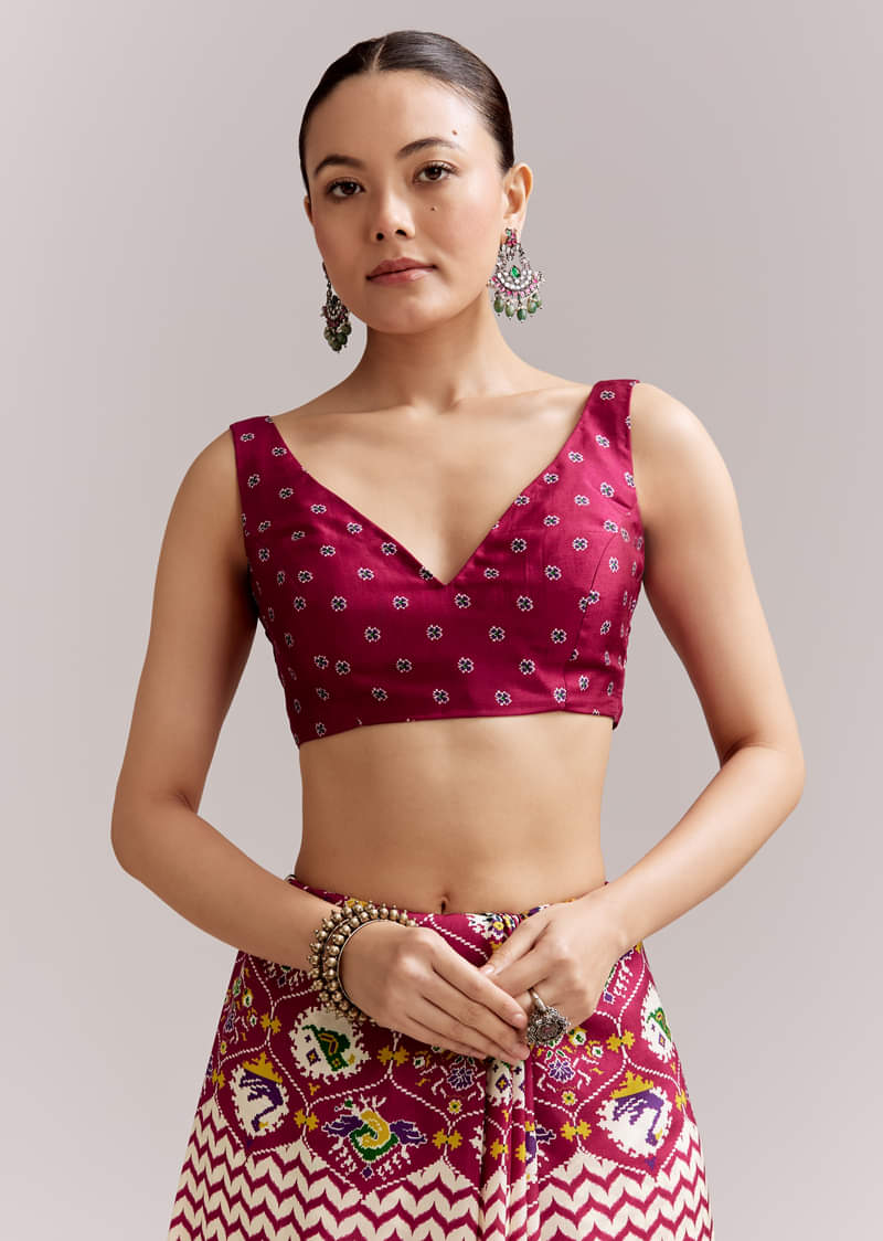 Wine And Off White Satin Saree With Ikat-Style Floral Birds Border