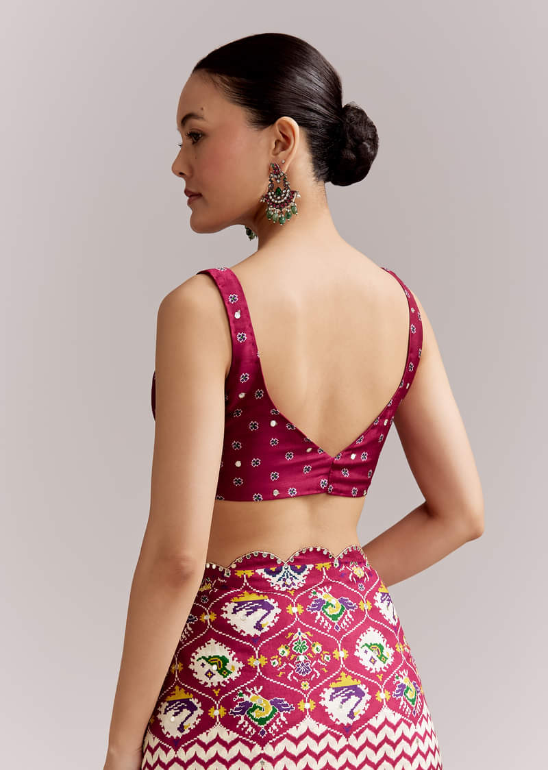 Wine And Off White Satin Saree With Ikat-Style Floral Birds Border