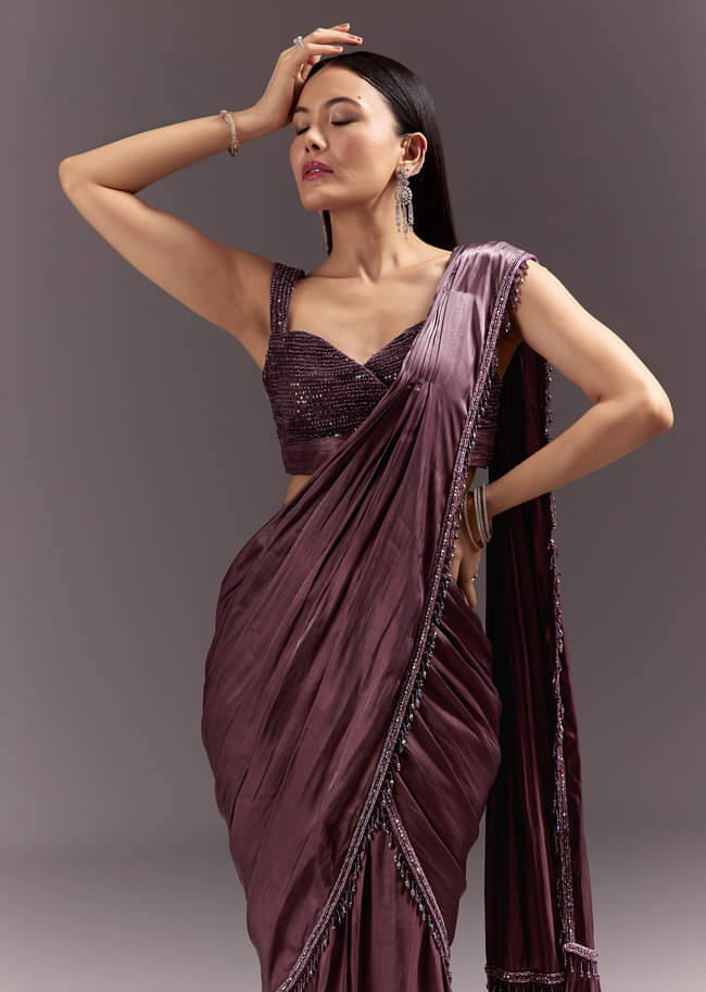 Wine Frill Drape Cutdana Saree With Sleeveless Overlap Blouse