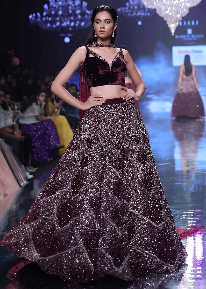 Buy Jewel-toned Cassis Lehenga With Hand Embroidered
