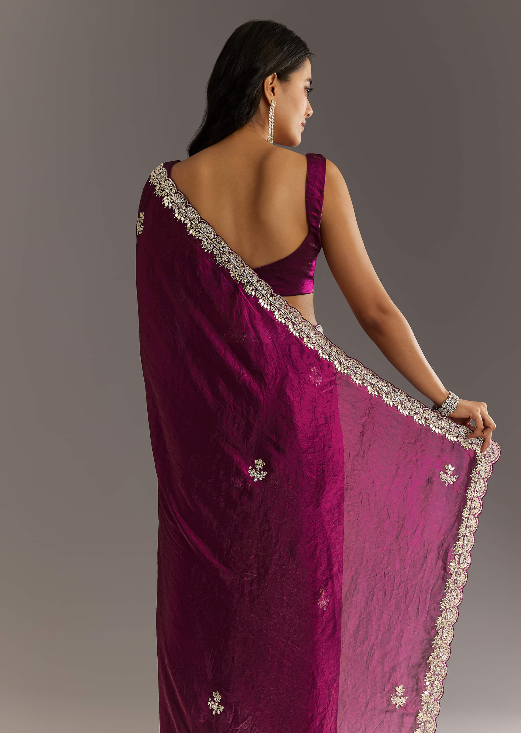 Buy Wine Satin Embroidered Saree With Gota Patti And Zardosi