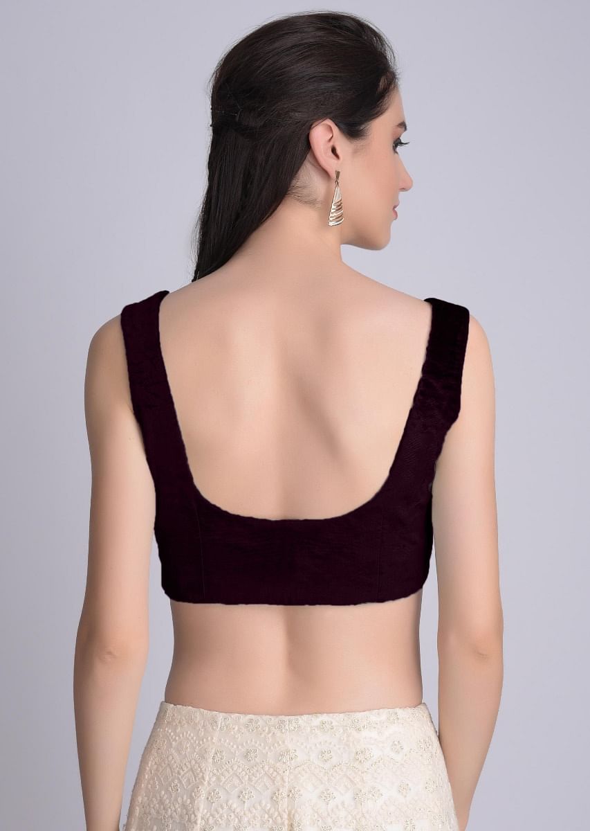 Buy Wine Sleeveless Blouse In Velvet With U Neckline Online - Kalki Fashion