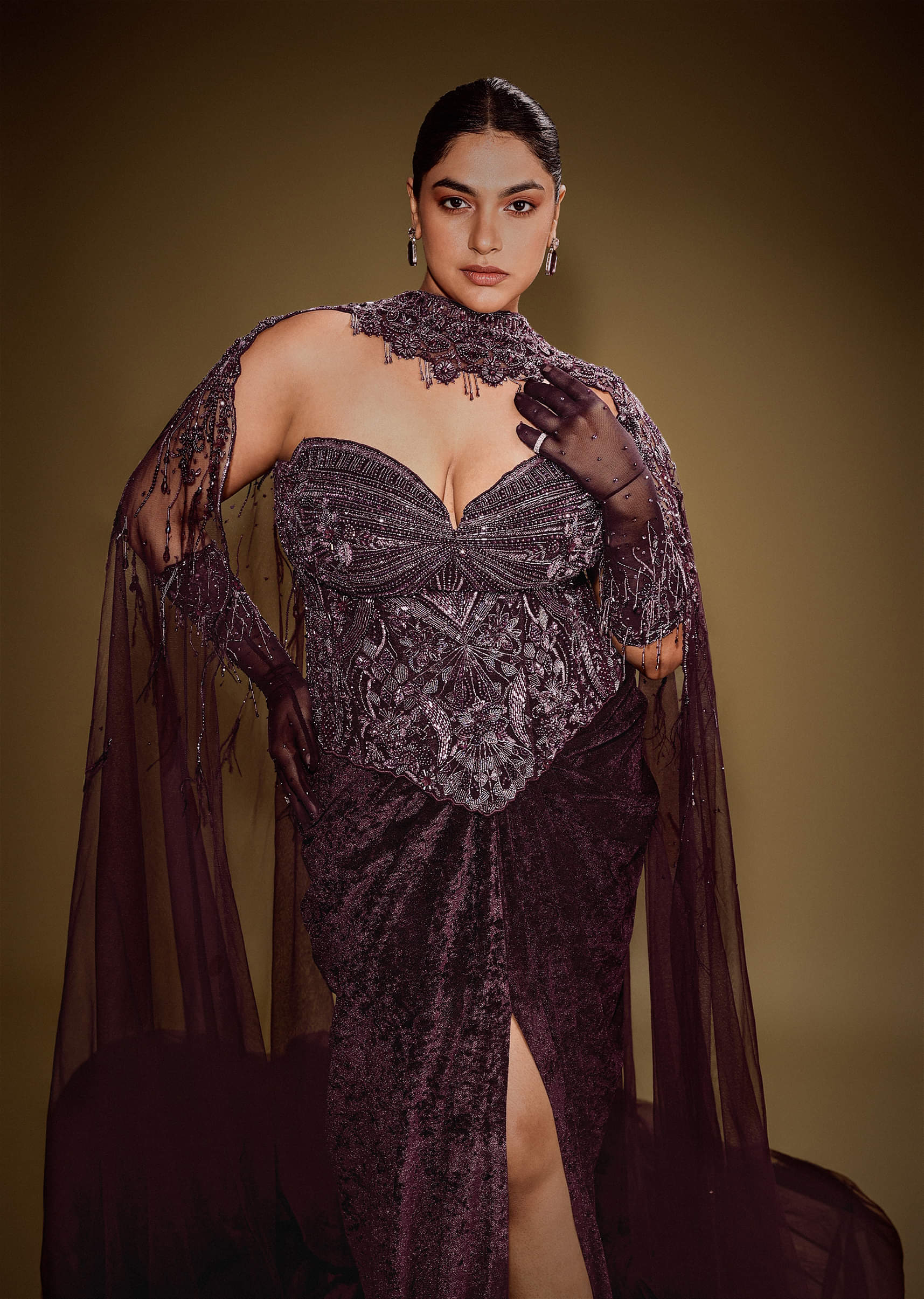 Buy Wine Velvet Corset Set With Drape Skirt And Embroidered Cape
