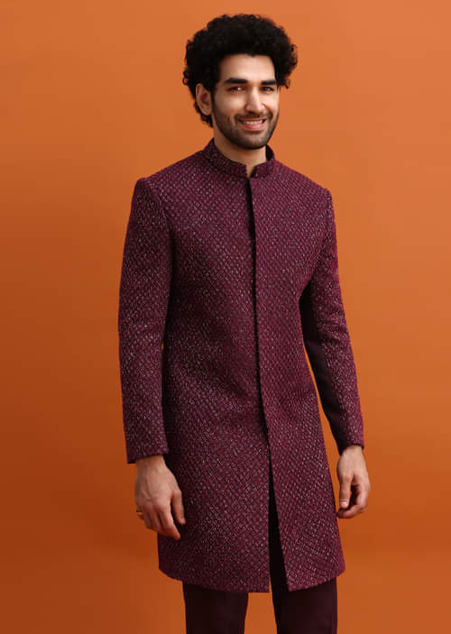 Buy Wine Cutdana Embroidered Sherwani For Men