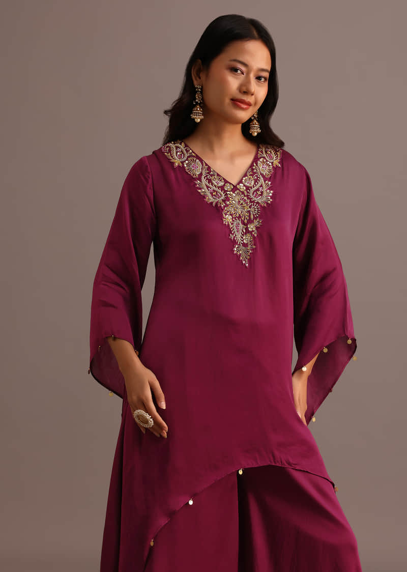 Buy Wine Embroidered Kurta Palazzo Suit