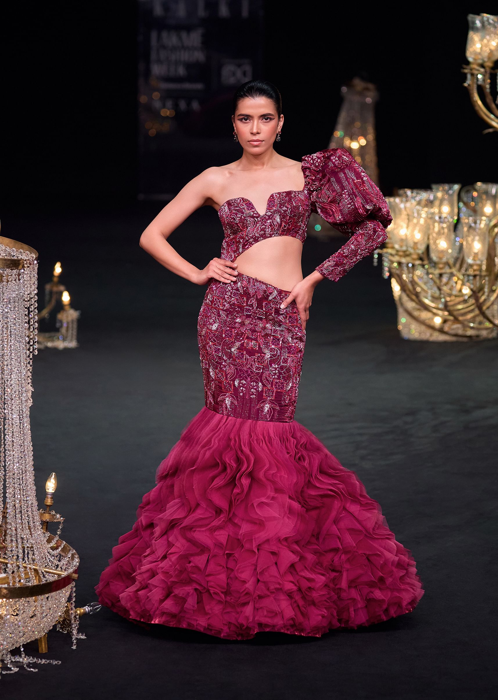 Buy Wine Fish Cut One Shoulder Gown With 3D Organza Frills KALKI Fashion India