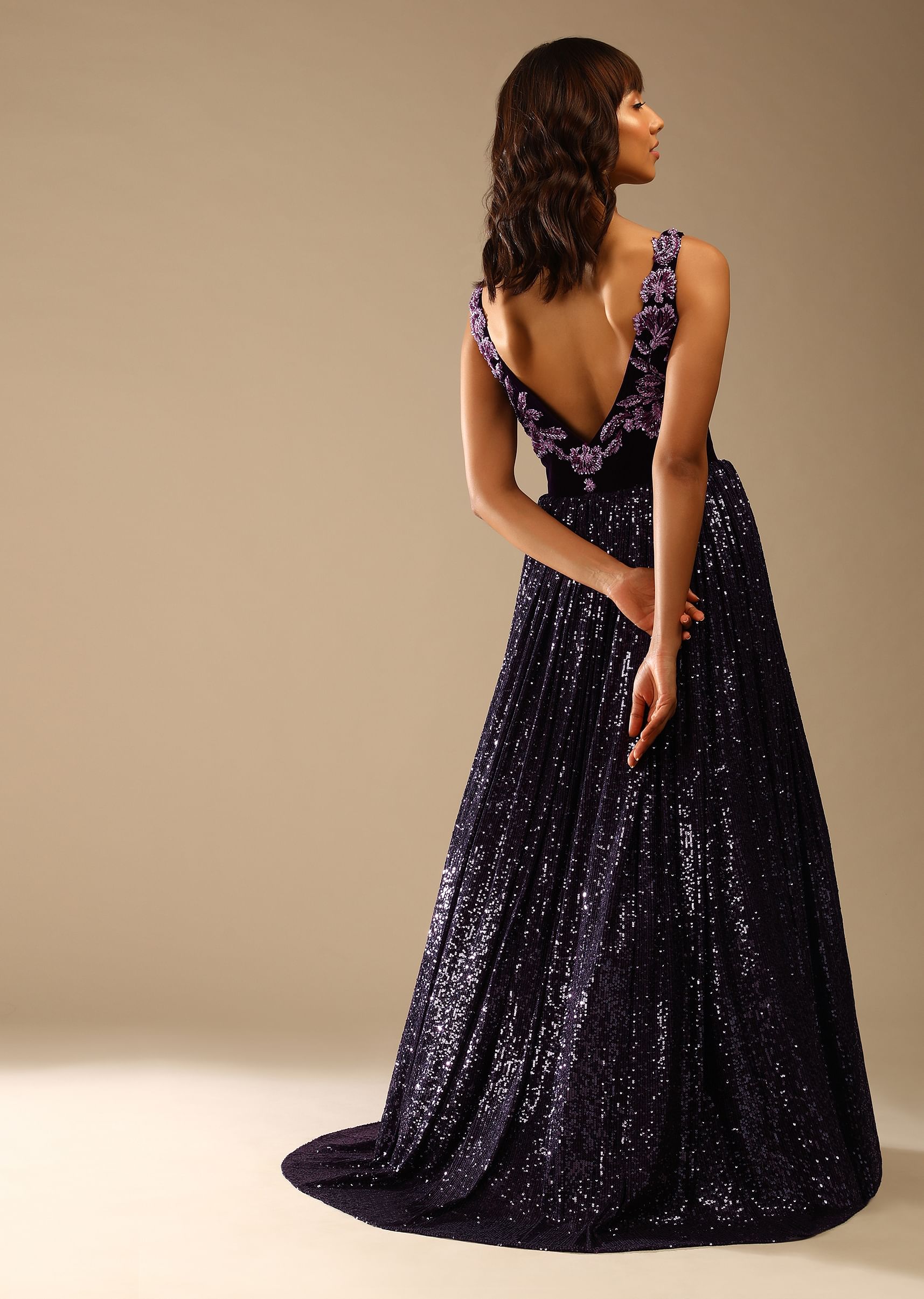 Buy Wine Purple Corset Gown In Sequins Fabric With Cut Dana Embroidered  Velvet Bodice Designed With Plunging V Neckline Online - Kalki Fashion
