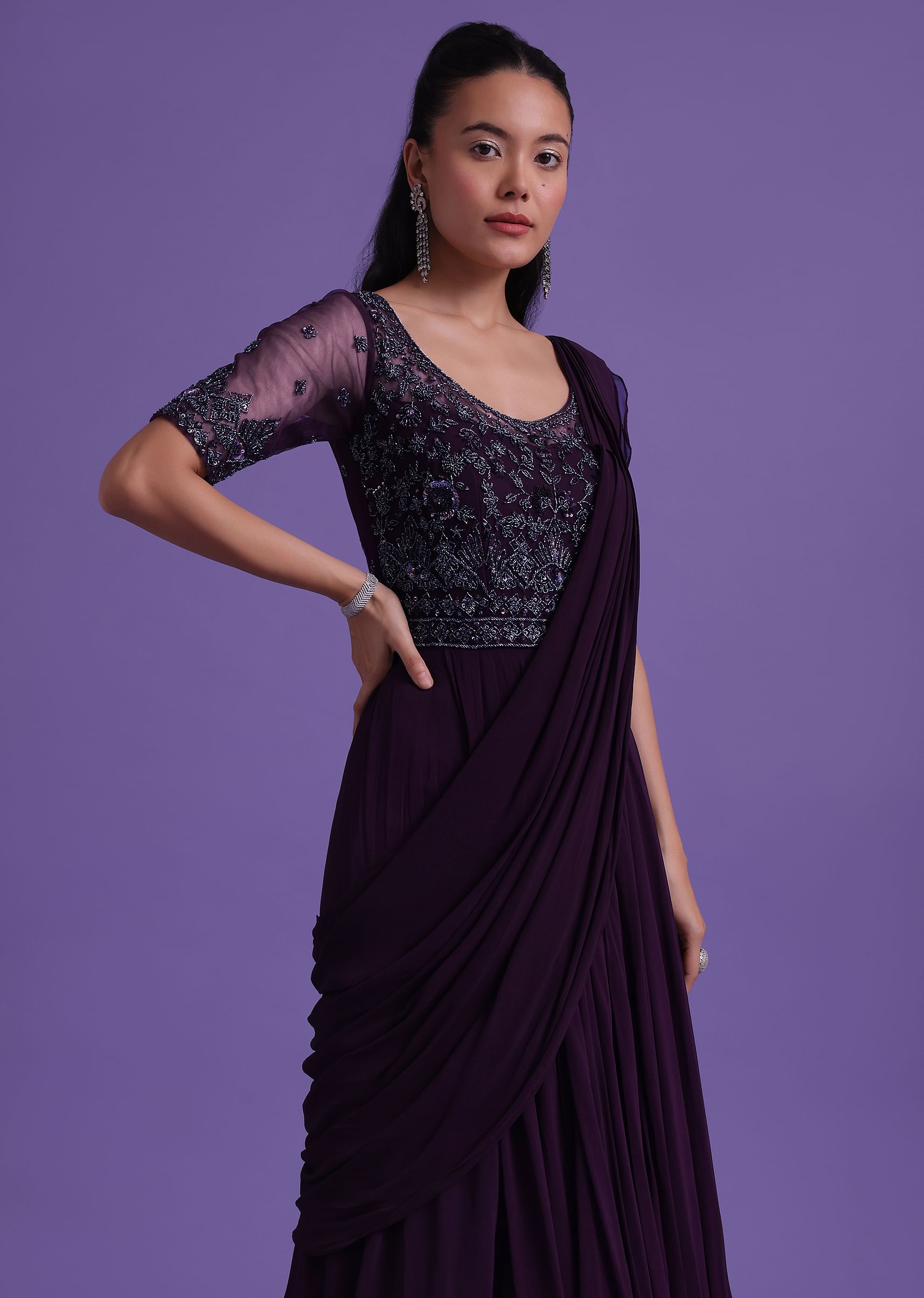 Buy Wine Purple Cut Dana Embroidered Gown With Attached Drape In Georgette