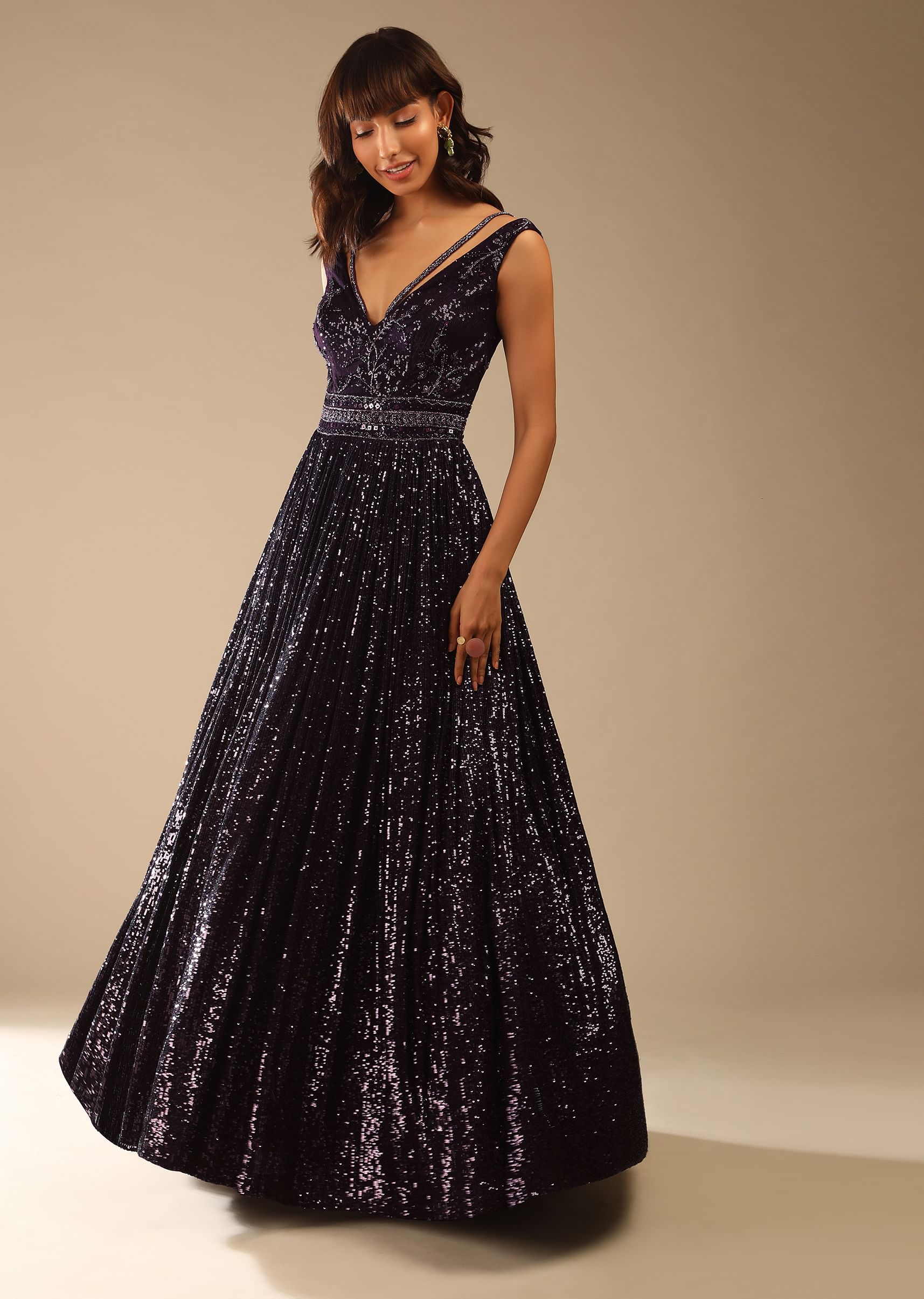 Buy Wine Purple Gown In Sequins Fabric With Cut Dana Work And Deep V Neckline Online Kalki Fashion