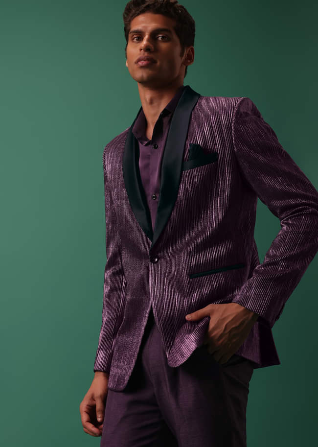 Wine Purple Pleated Tuxedo Set In Shimmer