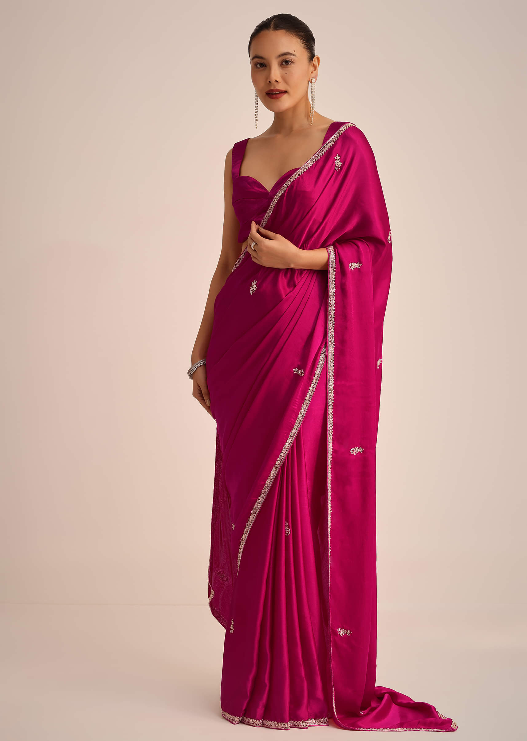 Buy Wine Satin Saree With Thread And Stone Embroidered Buy Wine Satin Saree With Thread And Stone Embroidered