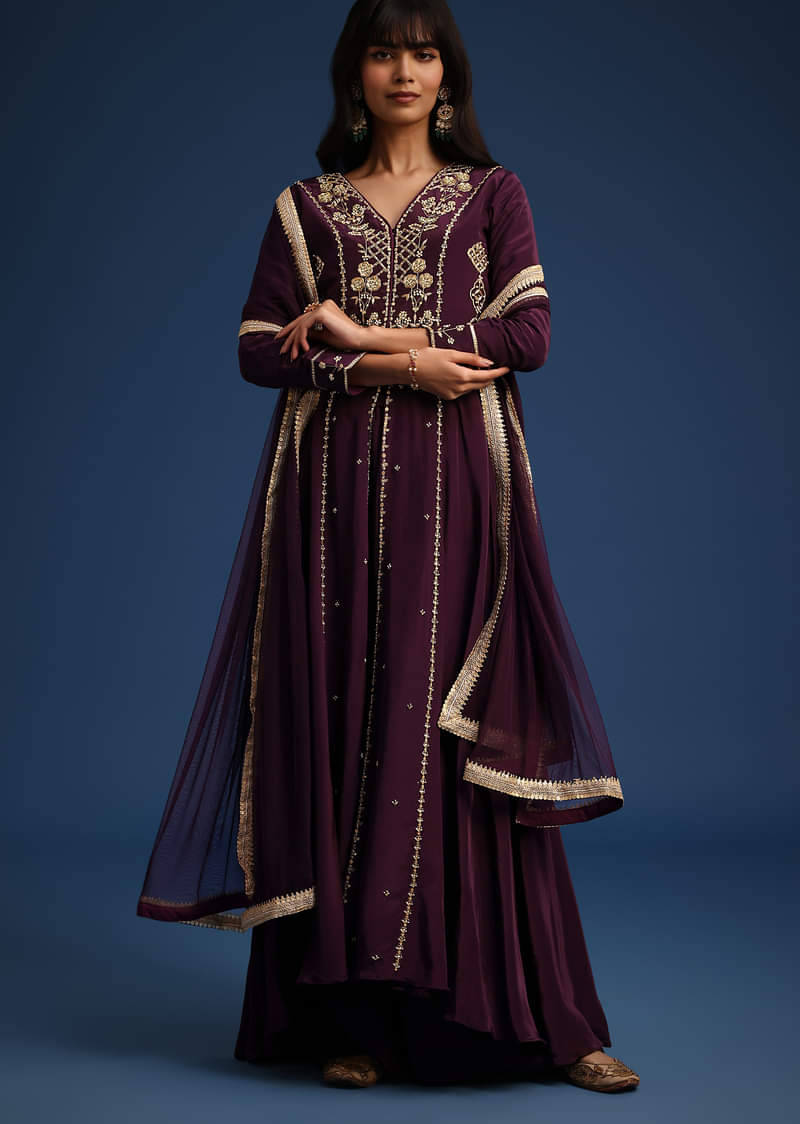 Wine Satin Zardozi Embroidered Anarkali And Palazzo Set 