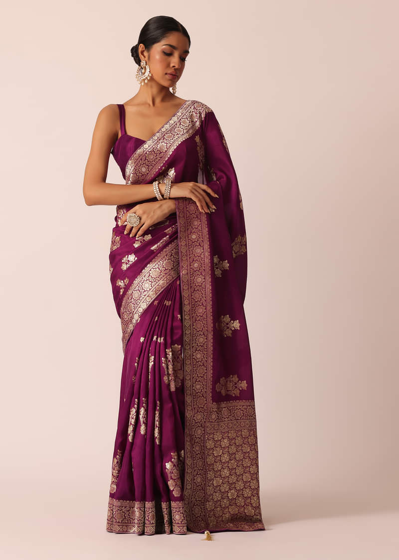 Wine Silk Saree with Butta Detail And Unstitched Blouse Piece