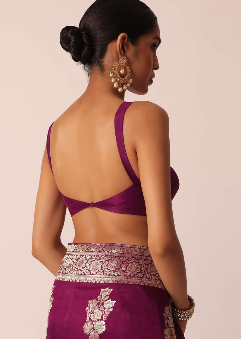 Wine Silk Saree with Butta Detail And Unstitched Blouse Piece
