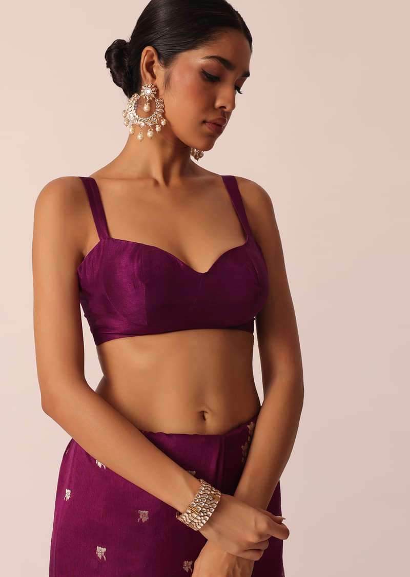 Wine Silk Saree with Butta Detail And Unstitched Blouse Piece