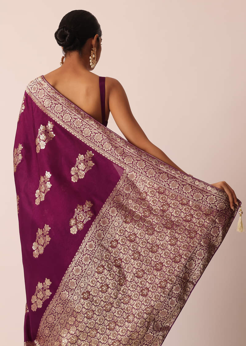 Wine Silk Saree with Butta Detail And Unstitched Blouse Piece