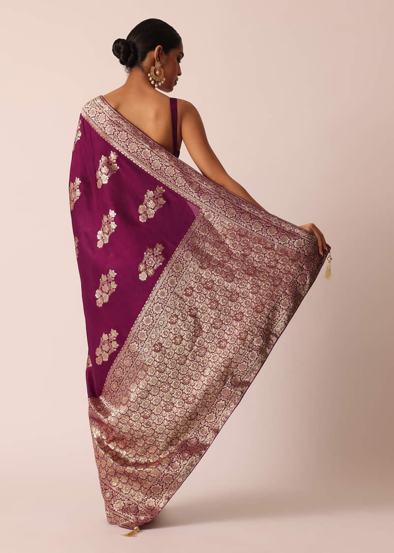 Wine Silk Saree with Butta Detail And Unstitched Blouse Piece