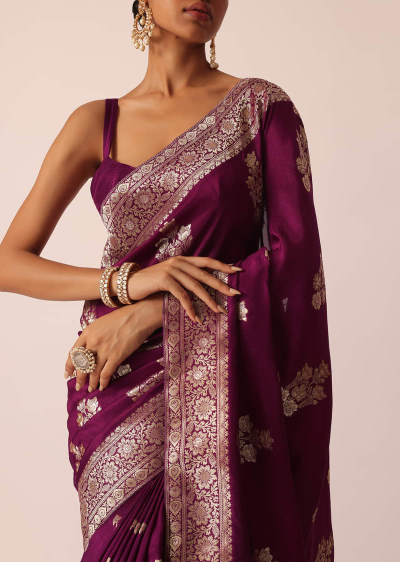 Wine Silk Saree with Butta Detail And Unstitched Blouse Piece