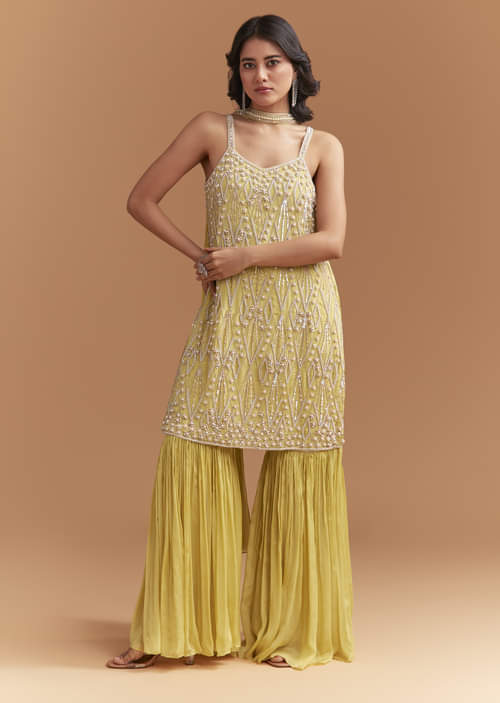 Yellow Chinon Sharara Suit With Beads And Moti Work Yellow Chinon Sharara Suit With Beads And Moti Work