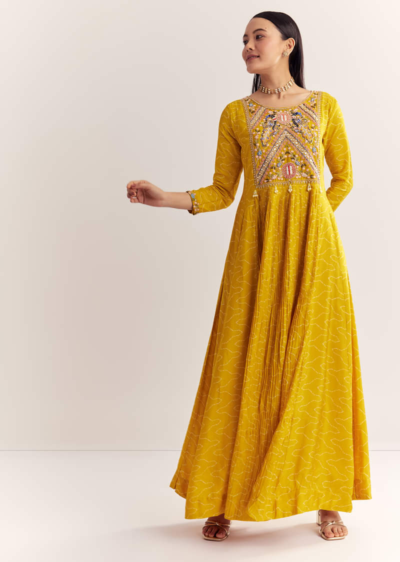 Yellow Dola Silk Gown With Embroidery