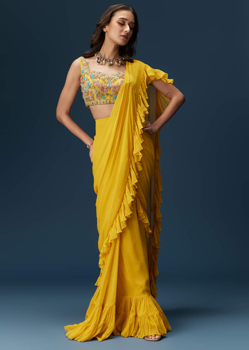 Yellow Frill Saree With Floral Embroidery