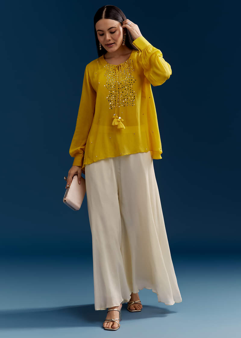 Yellow Georgette Crop Top With Mirror Work