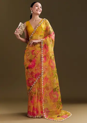 Yellow Organza Saree With Floral Print And Beaded Border