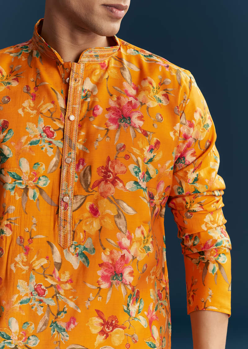 Yellow Silk Kurta Set For Men With Multicolour Floral Print