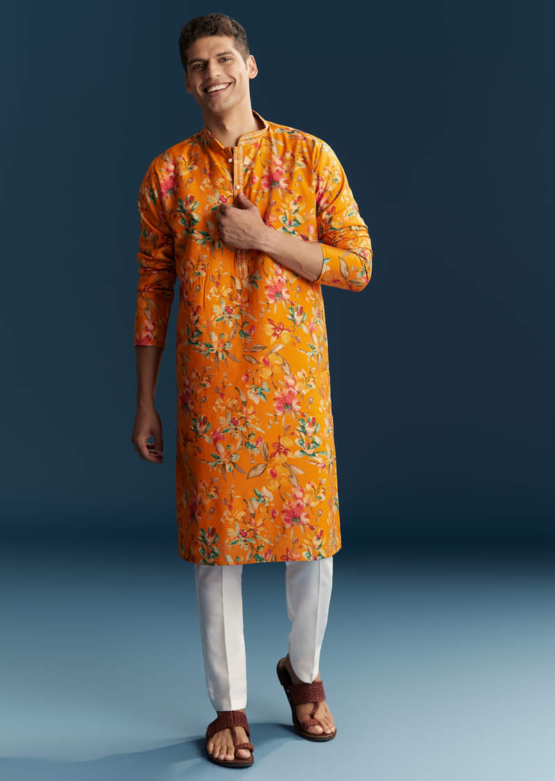 Yellow Silk Kurta Set For Men With Multicolour Floral Print