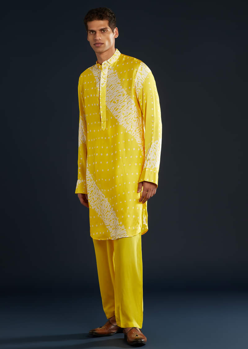 Yellow Bandhani and Shibori Print Kurta Set