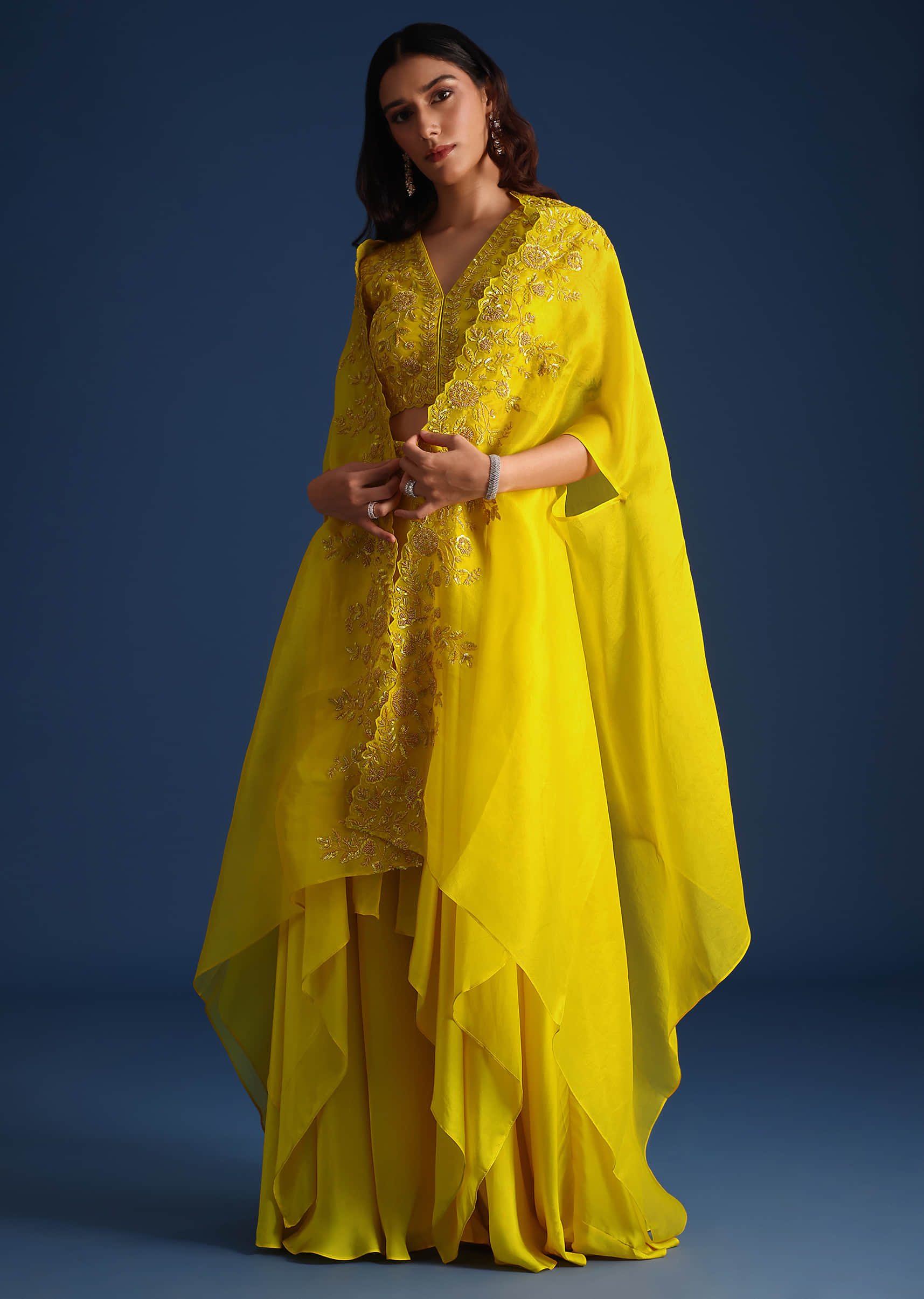 Buy Yellow Bead Embroidered Jacket With Blouse And Skirt KALKI